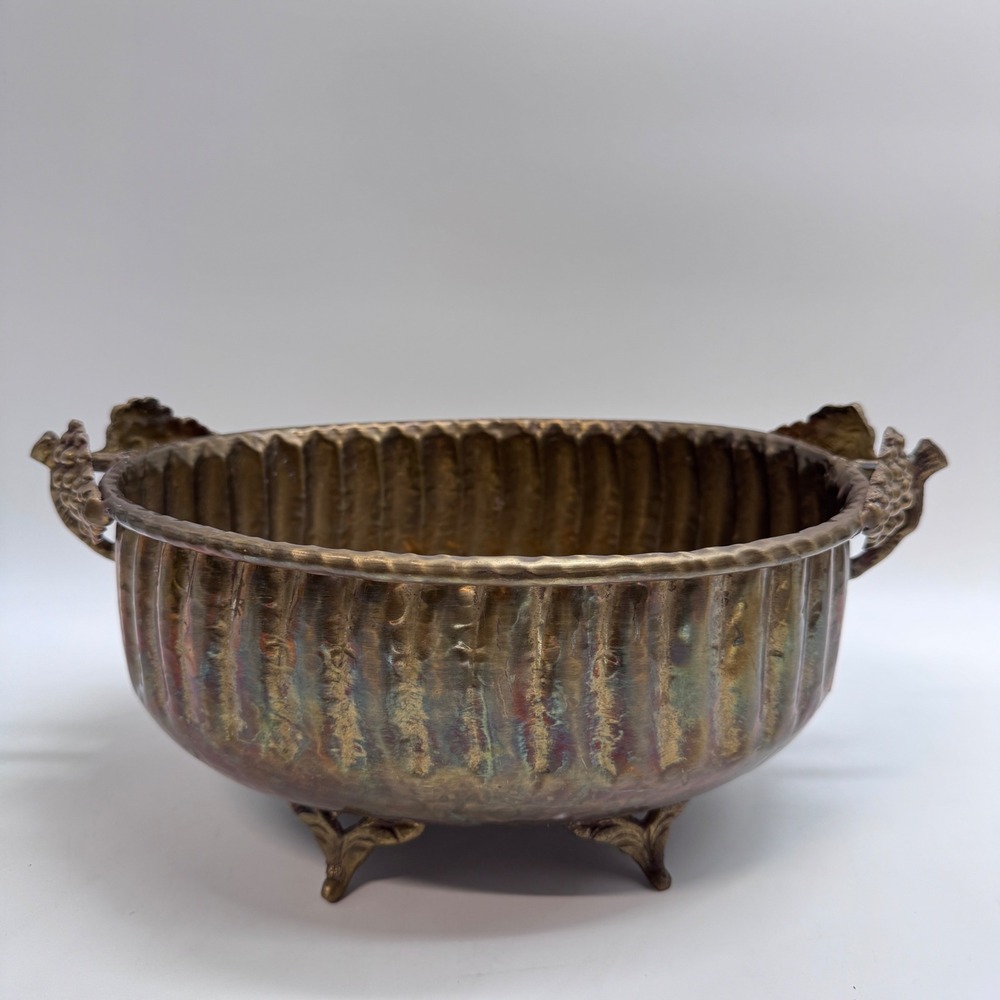 GATCO Solid Brass Footed Bowl Hammered Fluted Grape Handle Centerpiece India